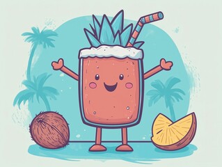 A refreshing tropical cocktail with a slice of pineapple and colorful straw on a bar counter
