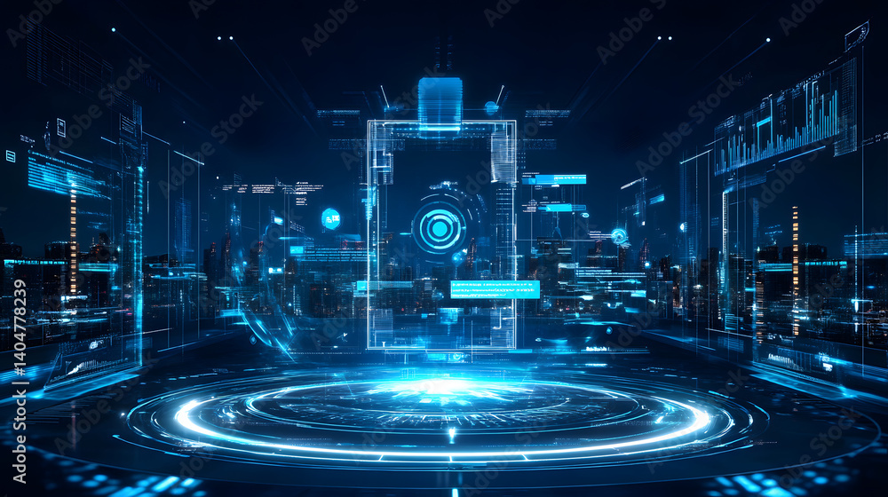 Poster cybernetic gateway: a mesmerizing digital landscape unfolds, featuring an array of glowing screens a
