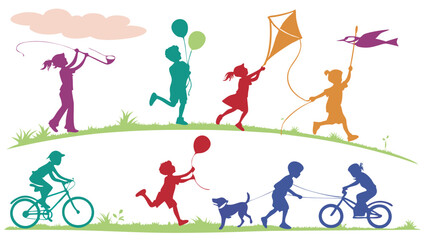 Joyful kids playing outdoors biking kite flying balloons fishing vibrant silhouettes against a sunny