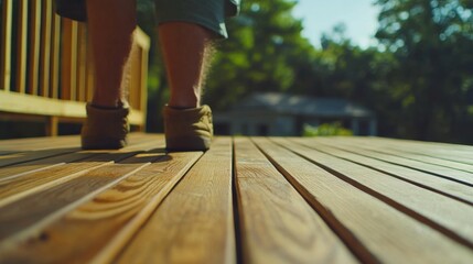 Carpenter building wooden deck. Featuring carpentry and deck construction