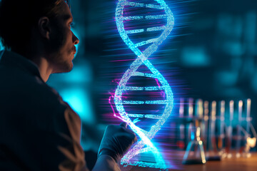 Researcher Viewing DNA Double Helix Hologram Projection – Stock Photography Style.