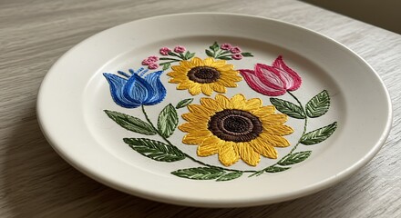 A colorful plate with flowers on it. The plate is white and has a blue flower on it

