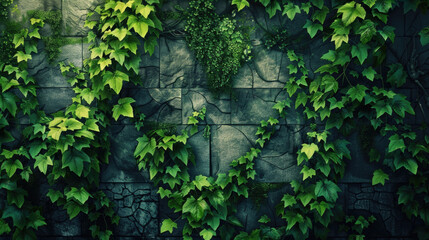 Lush Green Ivy Vines Climbing a Stone Wall Creating a Natural and Serene Outdoor Atmosphere