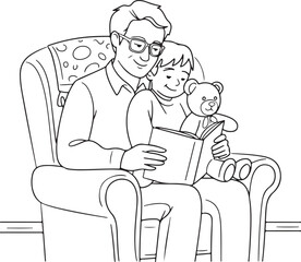Father and Son Enjoying a Reading Book Coloring page line art black and white vector illustration