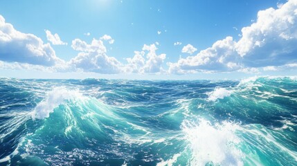 Fototapeta premium Ocean waves crash under bright, cloudy skies. Use this for travel or summer vacation themes.