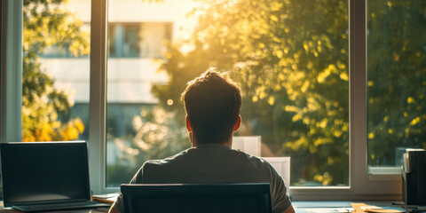 worker manager staring out of the window at a sunny day outside 