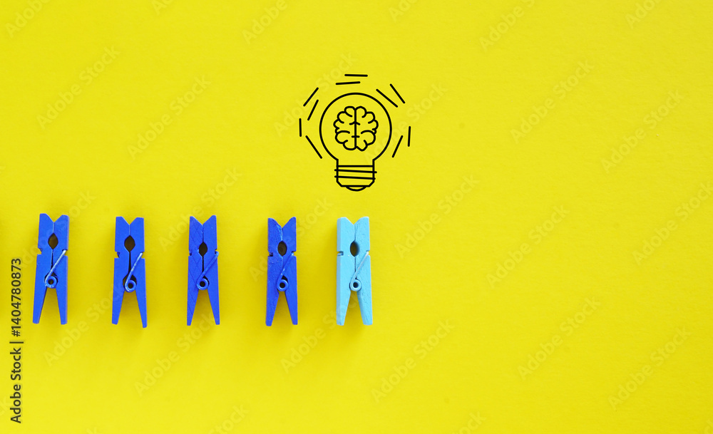 Poster Creative thinking idea and problem solving innovation concept. Miniature figure outstanding from line with light bulb