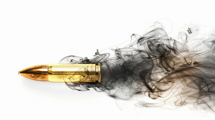 A Moment of Impact Frozen in Time: A speeding bullet shatters upon collision, sending forth a burst of golden sparks and dark fragments against a stark white backdrop, capturing raw power and destruct