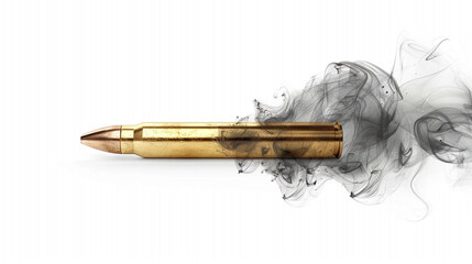 A Moment of Impact Frozen in Time: A speeding bullet shatters upon collision, sending forth a burst of golden sparks and dark fragments against a stark white backdrop, capturing raw power and destruct