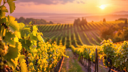 Fototapeta premium Vineyard with colorful sky and scenic landscape in different times and seasons