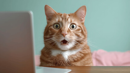 the surprised cat looks at the laptop