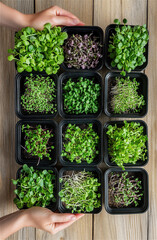 Fresh microgreens in seedling trays