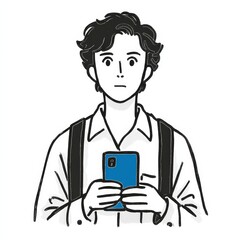 A Cartoon Illustration of a Young Man Holding a Blue Smartphone, Minimalist Style.