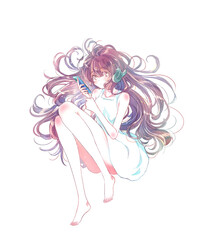 ヘッドホンをして寝転がる女の子　スマホ