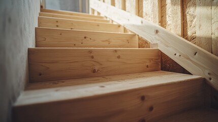 Carpenter building wooden staircase. Featuring carpentry and home construction