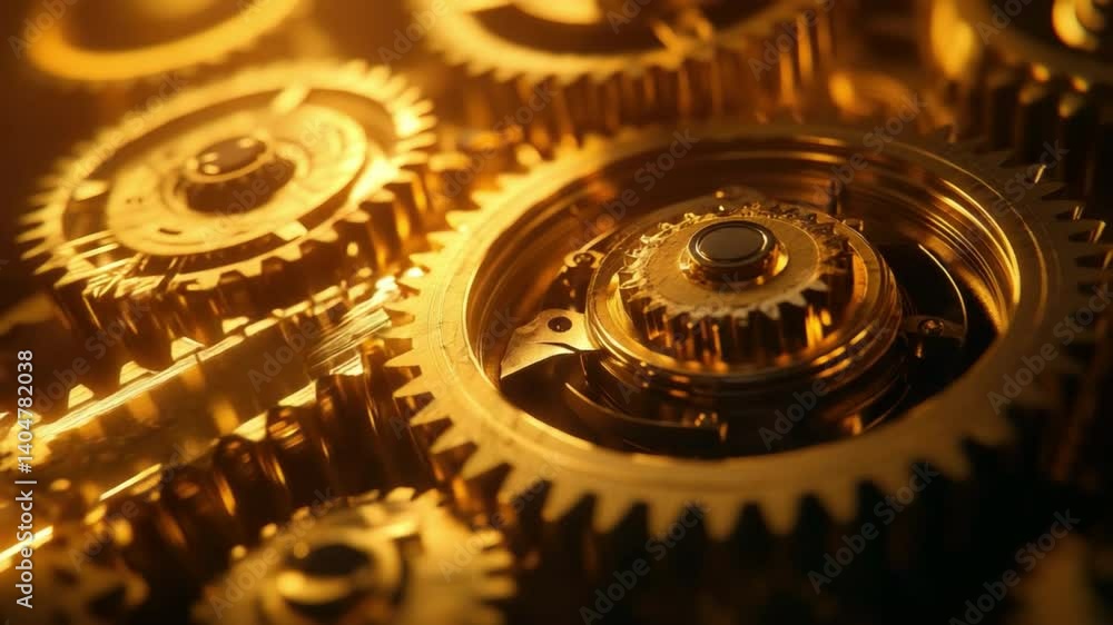 Poster golden gears mechanism close-up in a detailed industrial composition representing time and precision