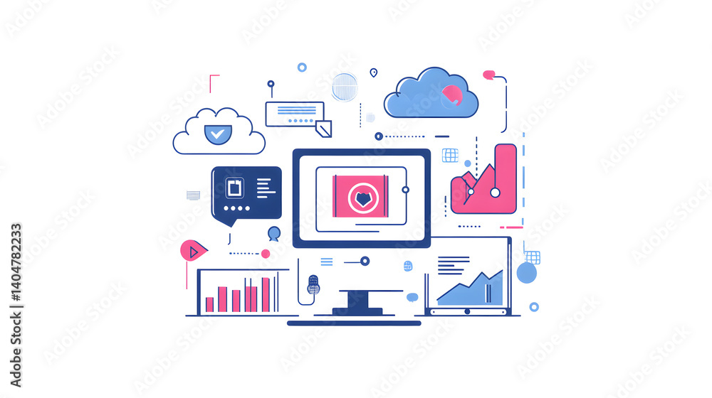 Poster digital workspace: a stylized illustration depicting a digital workspace with icons representing clo
