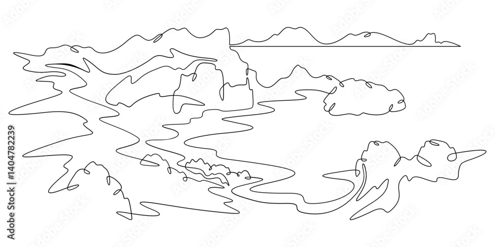 Poster continuous one line drawing church in the mountains. temple against the backdrop of mountains. rocks
