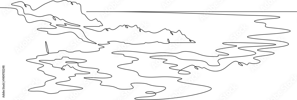 Poster continuous one line drawing church in the mountains. temple against the backdrop of mountains. rocks