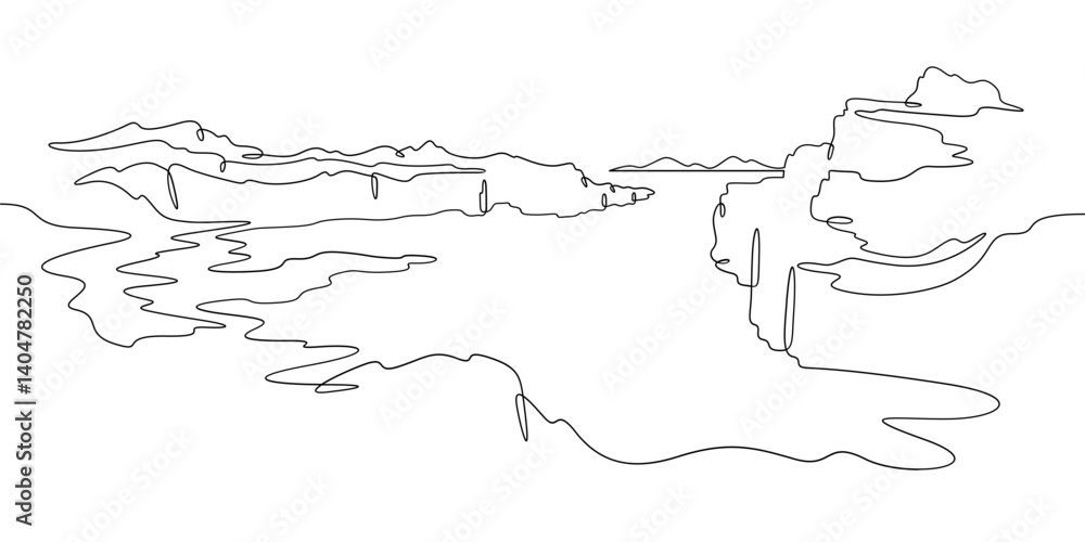 Poster continuous one line drawing church in the mountains. temple against the backdrop of mountains. rocks
