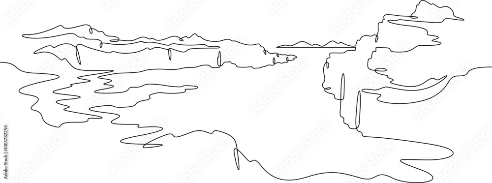 Poster continuous one line drawing church in the mountains. temple against the backdrop of mountains. rocks