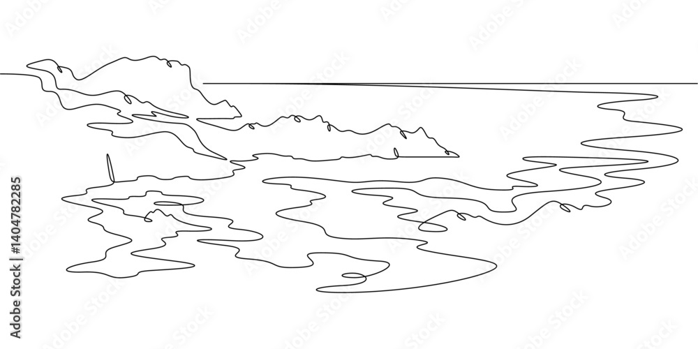 Poster continuous one line drawing church in the mountains. temple against the backdrop of mountains. rocks