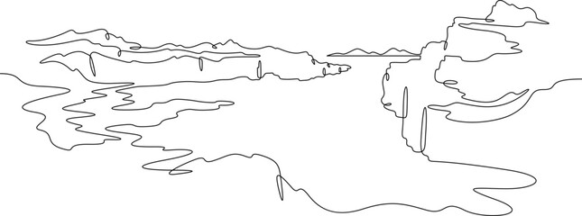 Continuous one line drawing church in the mountains. Temple against the backdrop of mountains. Rocks and hills.
One continuous line isolated minimal illustration.Not AI.