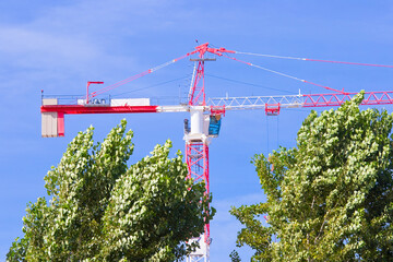 TOWER CRANE IN A CONSTRUCTION SITE with trees and blue sky