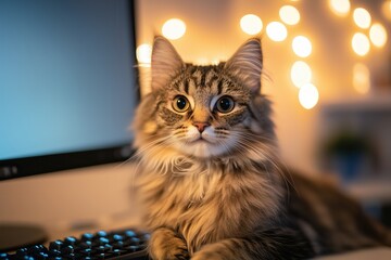 Cat sitting near laptop ready for work