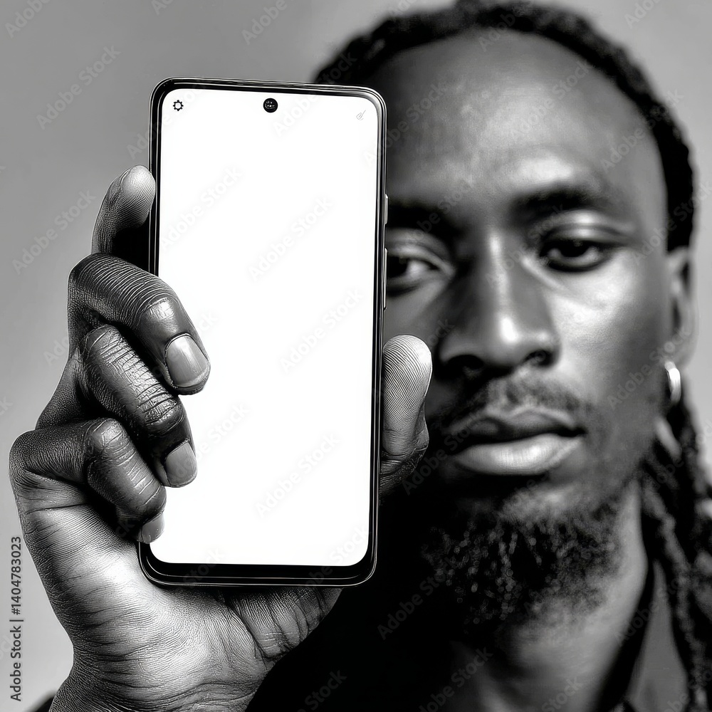 Poster monochrome portrait of an african man holding a blank smartphone with a white screen, ready for your