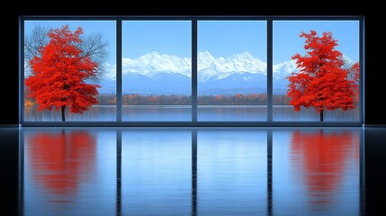 Panoramic view of a serene lake and mountains through a modern window.