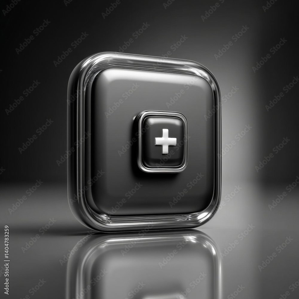 Aufkleber Sleek Chrome Rounded Square Button with White Plus Sign on Gray Reflective Surface: Modern Tech Design