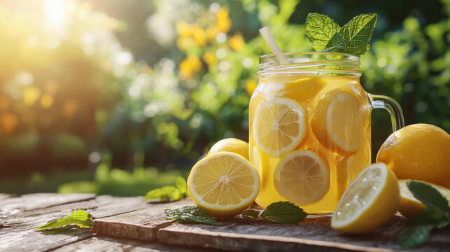 Bright jar of lemonade filled with whole lemon slices sits on a wooden table surrounded by fresh lemons and mint leaves in a vibrant garden during a sunny day - Powered by Adobe