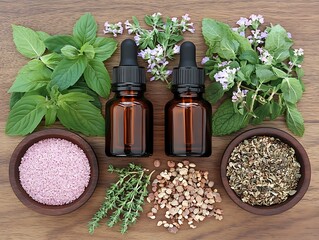 Herbs & Oils on Wooden Surface