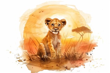 full length lion cub on savanna in watercolor illustration 