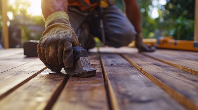 Carpenter constructing wooden deck. Featuring carpentry and outdoor design
