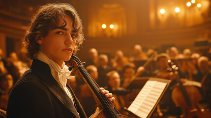 Generated Image of a middle-aged cellist with dark hair is intently playing the cello, his hands gracefully touching the strings at a classical music concert