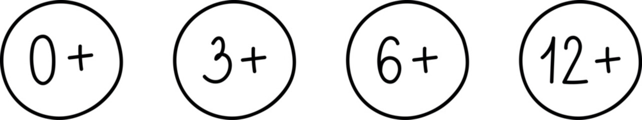 Age limit hand drawn icons set. 0,3,6,12 years
