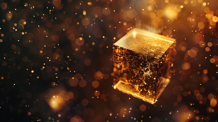 Glimmering Golden Cube Suspended in Cosmic Dust: A radiant, textured cube hovers amidst a shower of sparkling particles against a dark, atmospheric backdrop, evoking a sense of mystery, value, and cel