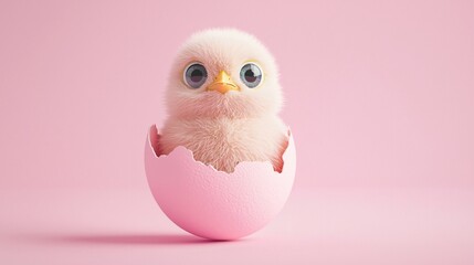 Fototapeta premium Adorable Fluffy Chick Emerging from Pink Easter Egg Shell on Pink Background
