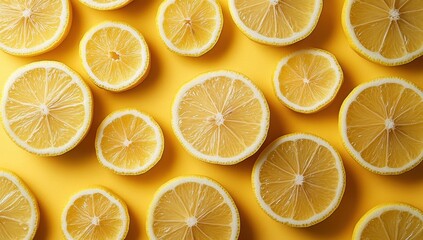 Fototapeta premium Fresh Lemon Slices Arranged on Bright Yellow Background for Vibrant Visual Appeal and Culinary Inspiration