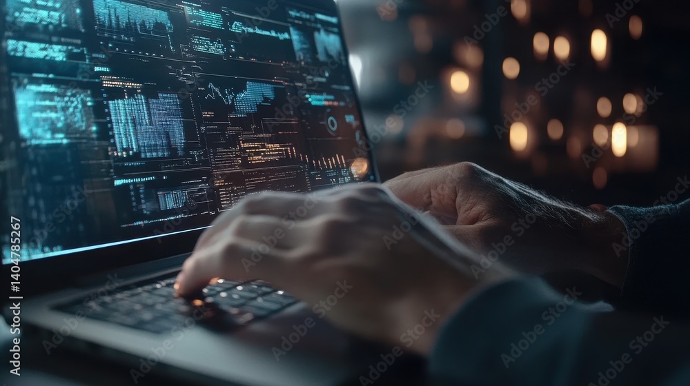 Poster close-up of hands typing on laptop with complex data, bokeh background. use it to show programming, 