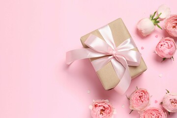 Beautiful pink peony roses with gift box on color background