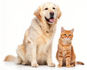 Golden Retriever Dog and Ginger Cat Sitting Together on White Background