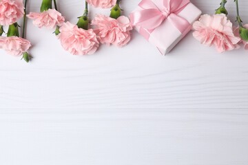 Beautiful bouquet of pink carnations with gift box on a white background