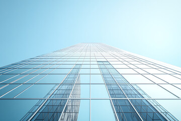 Fototapeta premium A sleek modern skyscraper with reflective glass panels and intricate geometric design against a clear blue sky.