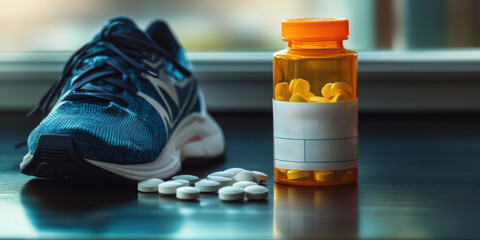 A close-up of a medication bottle and pair of running shoes