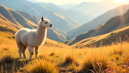 Fototapeta premium Majestic Alpaca in Andean Mountain Landscape at Sunset