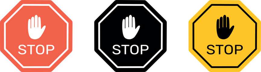 Stop hand icon, vector set, stop traffic sign