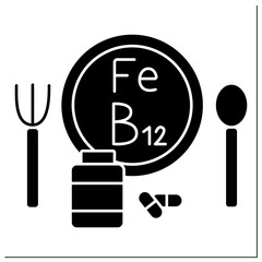 Anemia prevention glyph icon. Iron-rich diet and vitamin B12. Health protection. Healthcare concept.Filled flat sign. Isolated silhouette vector illustration